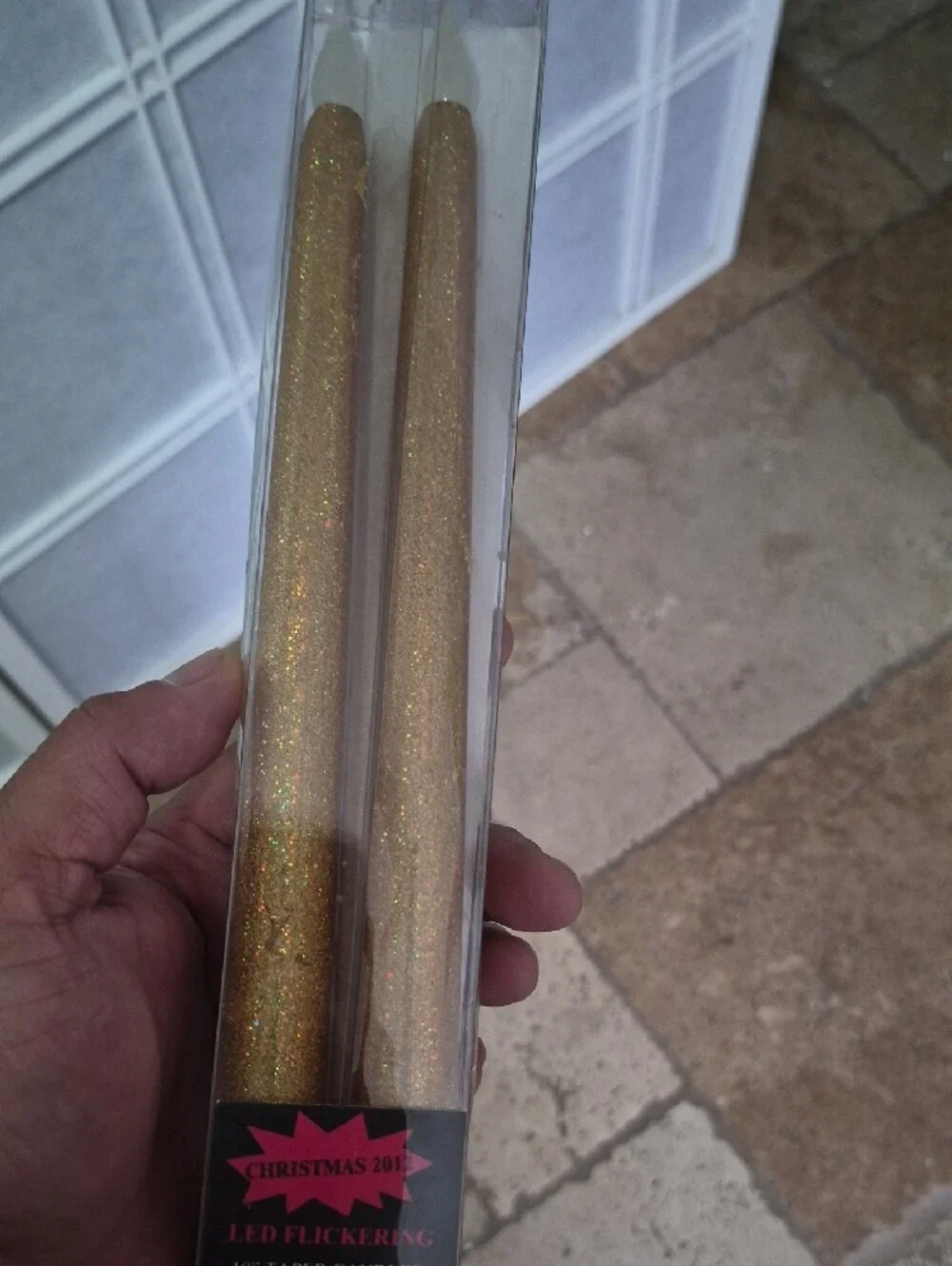 Vintage Gold Glitter LED Taper Candles - Pair